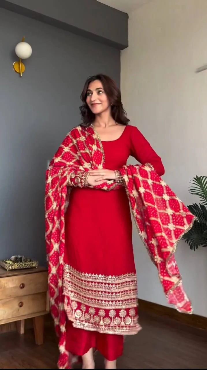Red faux georgette kurta pant set with dupatta – front view with sequin border embroidery