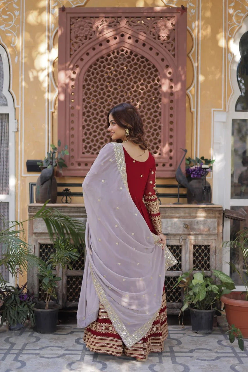 red long gown back view with sequin lace grey dupatta