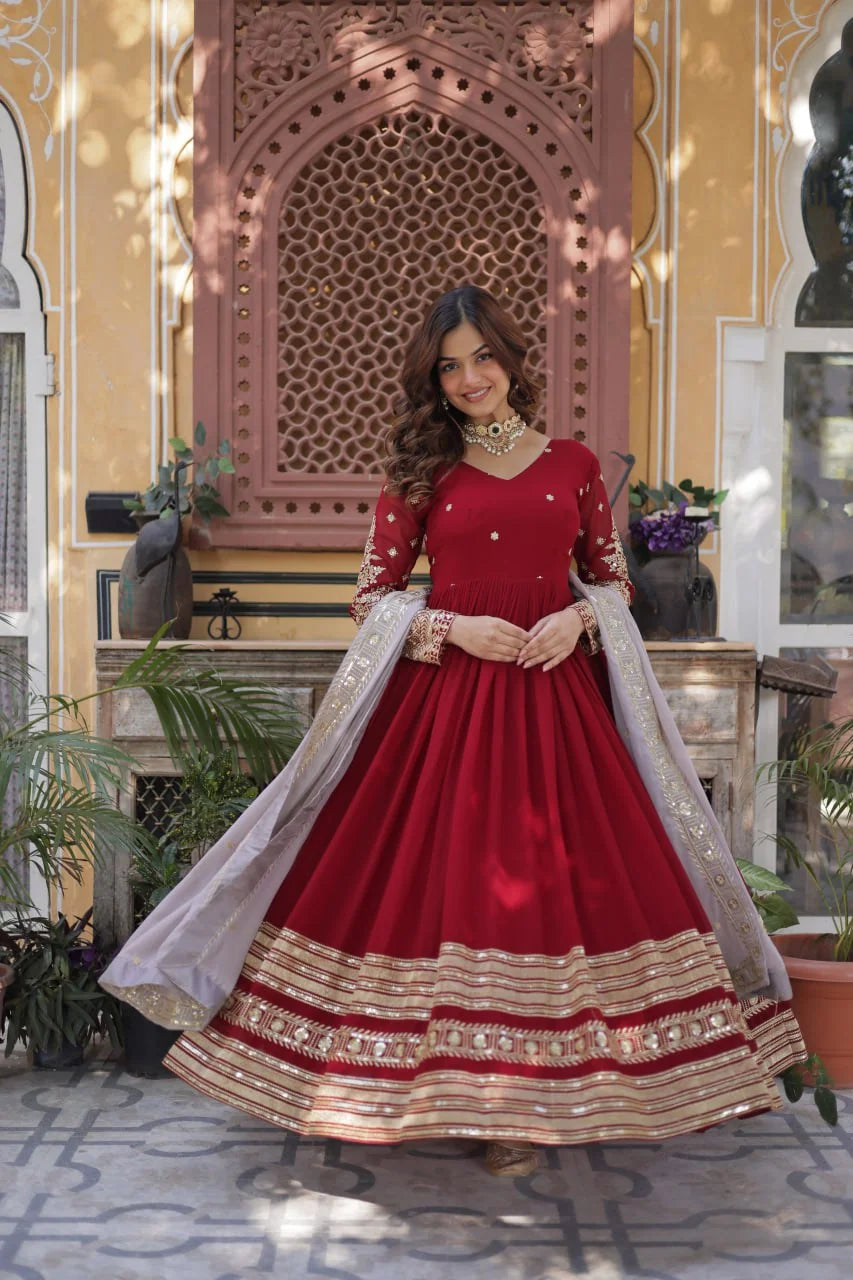 red gown with dupatta full flare front view