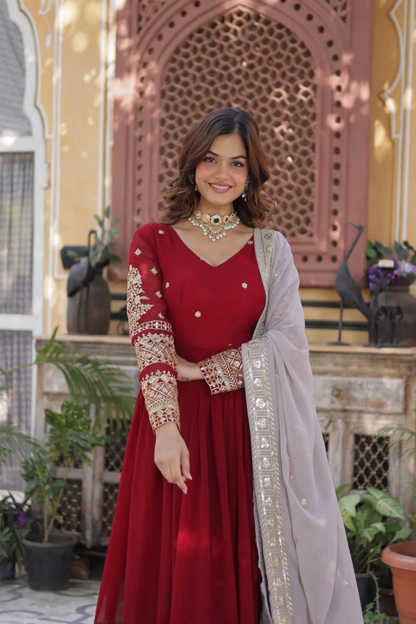 red gown with contrast grey dupatta standing view