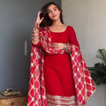 Red kurta pant set for women – full view with digital print dupatta and lace border