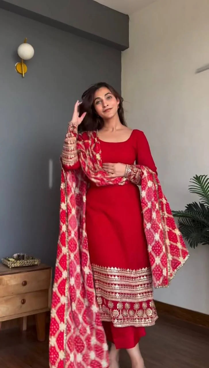Red kurta pant set for women – full view with digital print dupatta and lace border