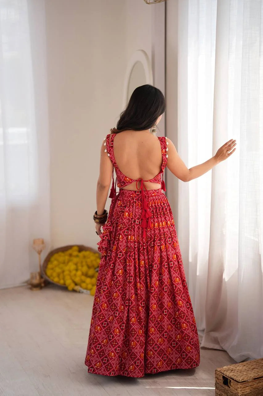 red navratri chaniya choli back view tie-up choli garba