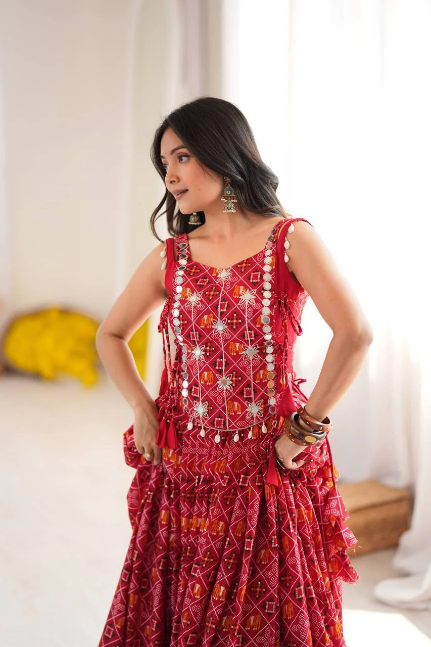 red navratri chaniya choli mirror choli front closeup