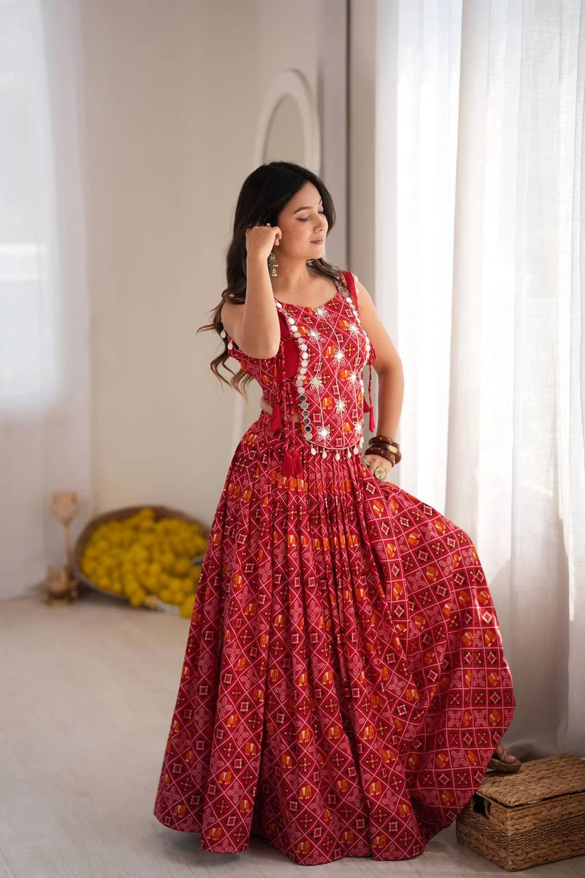 red navratri chaniya choli full length garba dandiya