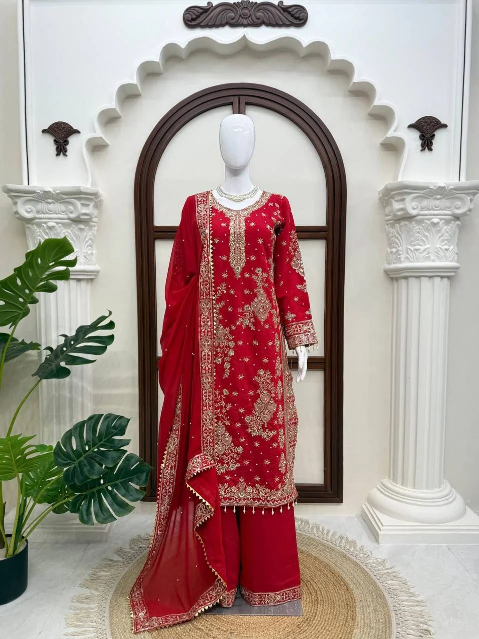red palazzo suit back embroidery rivet moti sequin detail