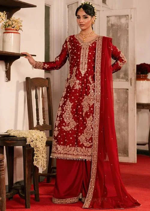 red palazzo suit for women front view Roman Silk sequin embroidery Chicorawear