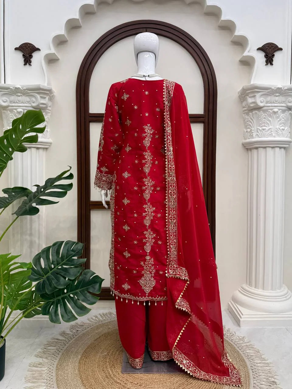 red palazzo suit for women full length mannequin front