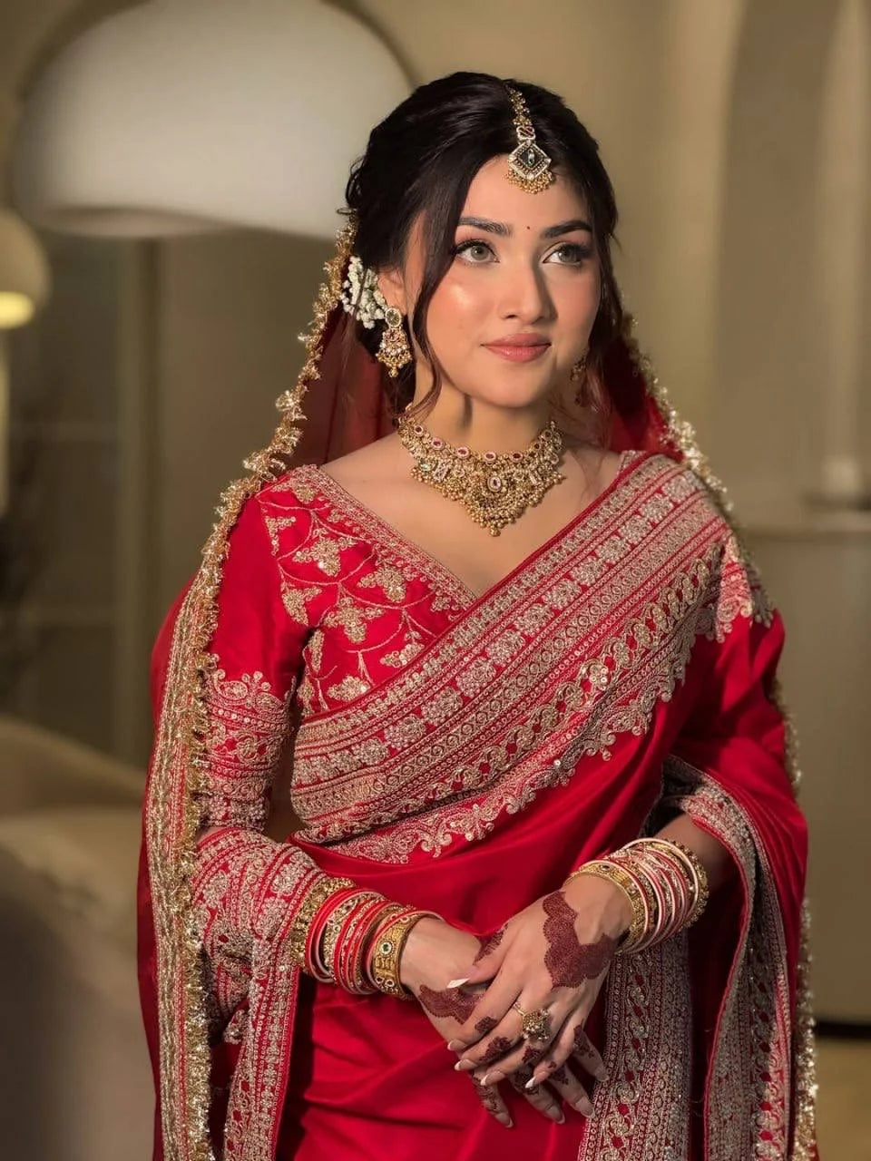 Red satin bridal saree front view bridal drape with tabby silk dupatta
