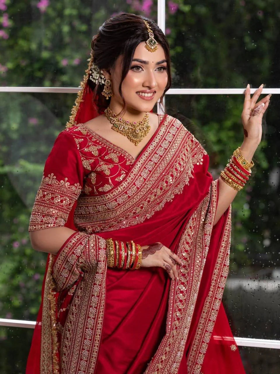 Red satin bridal saree full view standing – japan satin with gold embroidery