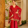 Red satin silk palazzo peplum top with natural crep palazzo pants – full view