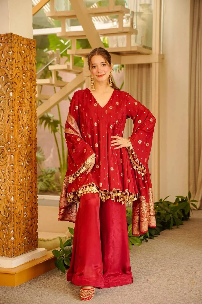 Red satin silk palazzo peplum top with natural crep palazzo pants – full view