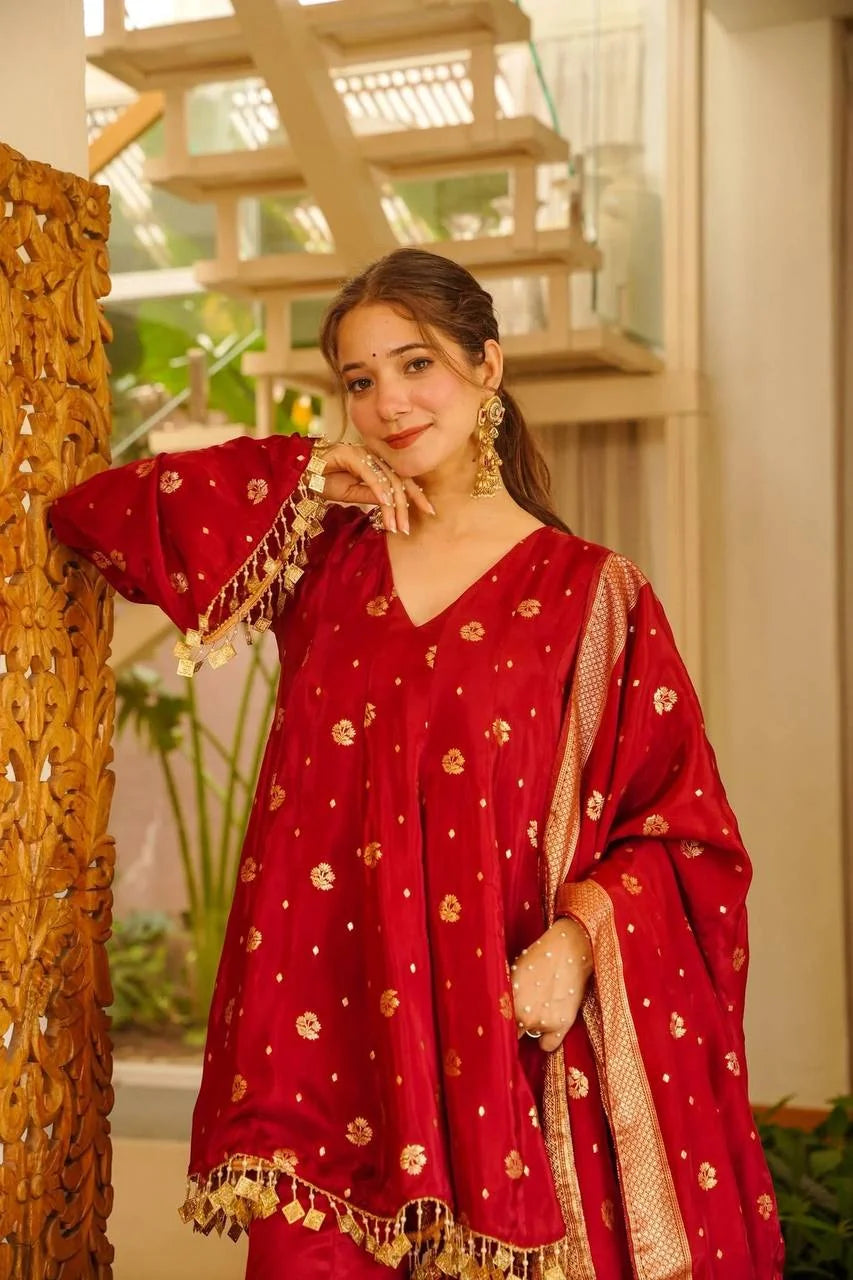 Red satin silk palazzo set with banarasi dupatta – full front view