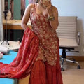 Red simmer silk sharara set full view thread sequin embroidery dupatta Chicorawear