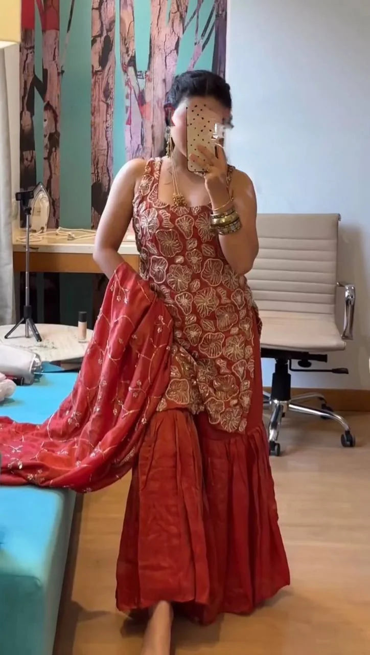 Red simmer silk sharara set full view thread sequin embroidery dupatta Chicorawear