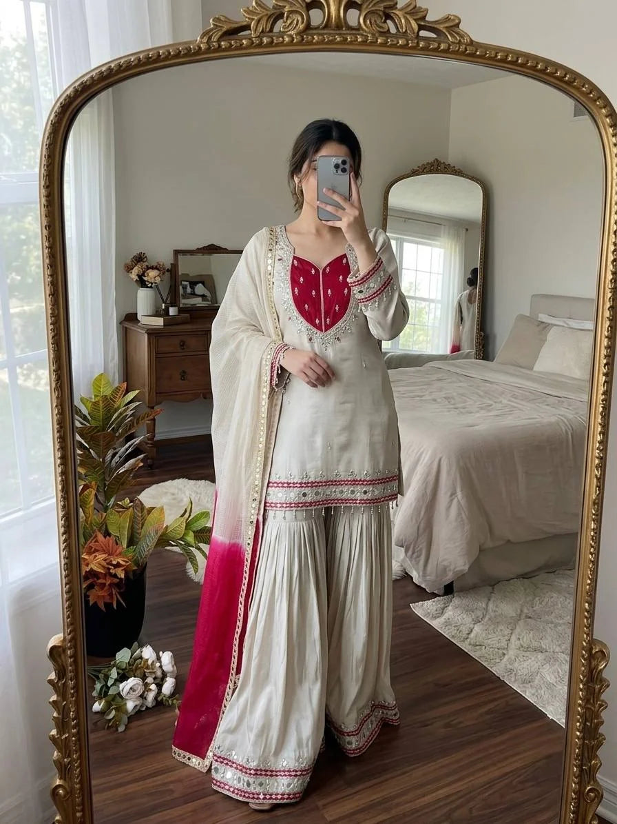 Roman glass palazzo suit cream front view with kota dupatta