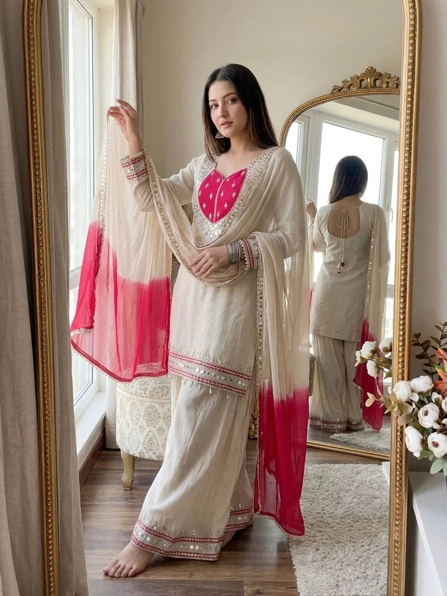 Roman glass palazzo suit cream full view showing dupatta and palazzo border