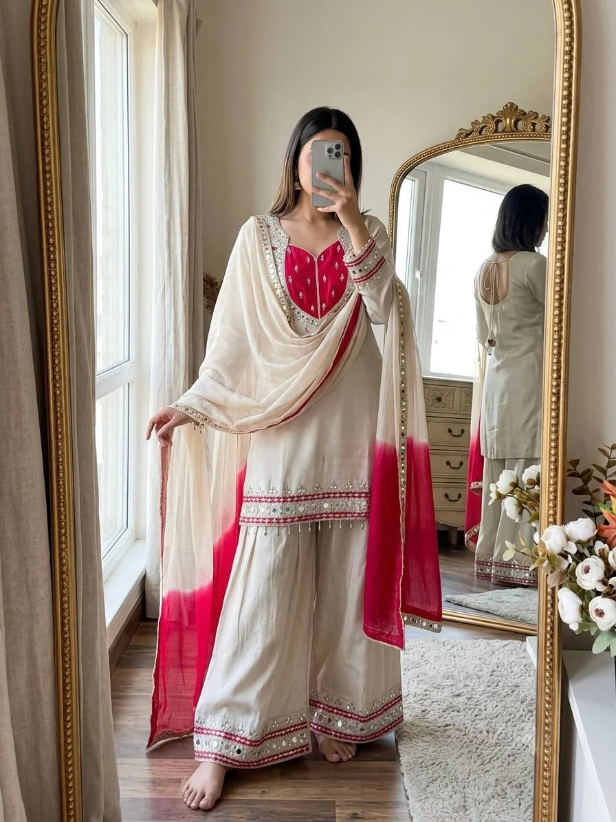 Roman glass palazzo suit cream – selfie mirror view showing full outfit