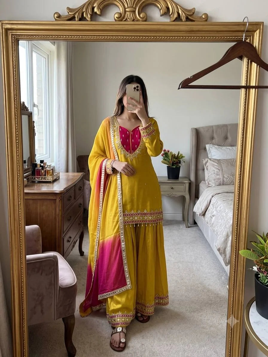 Roman glass palazzo suit mustard yellow full length view with palazzo