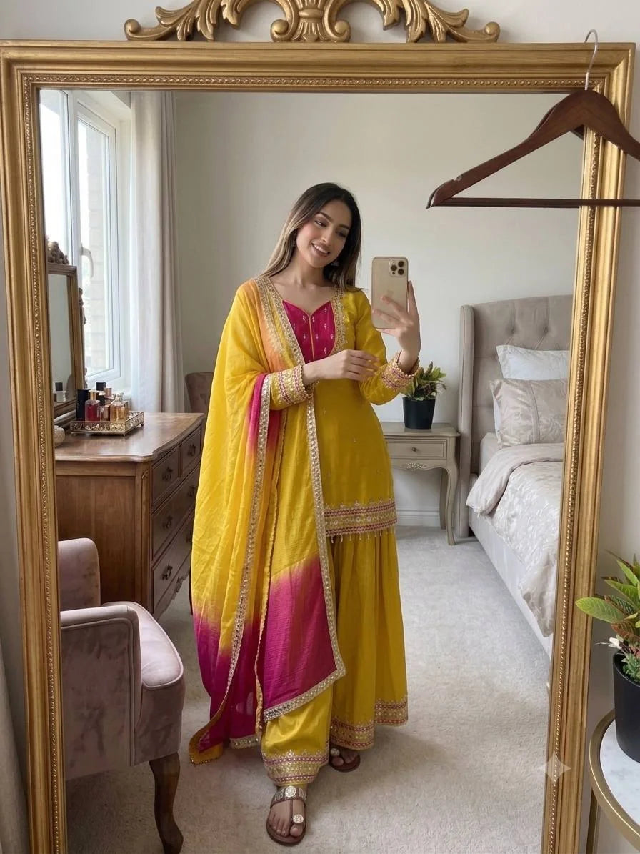 Roman glass palazzo suit mustard yellow with pink contrast yoke – selfie view
