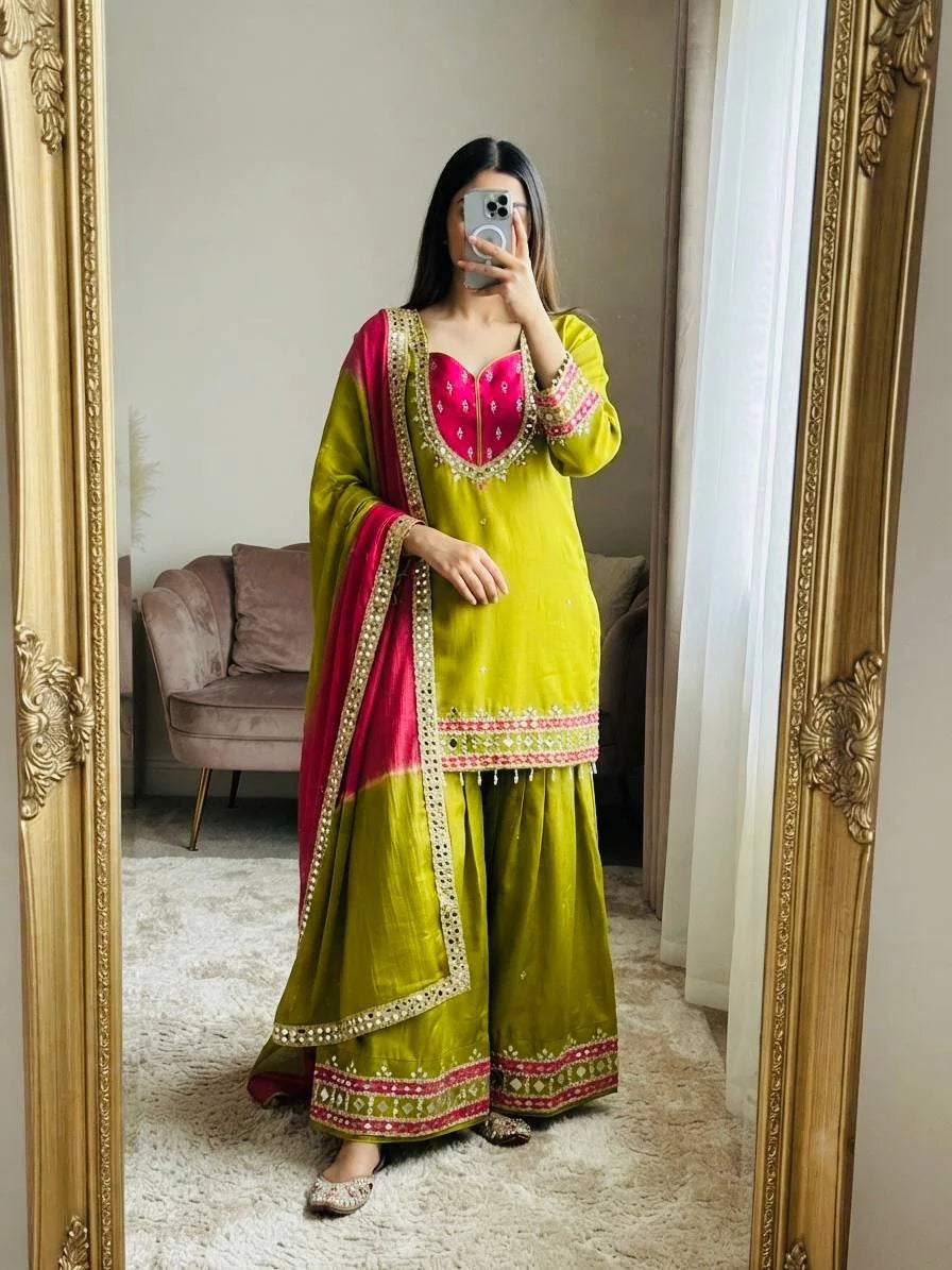 Roman glass palazzo suit olive green with real mirror work and dupatta