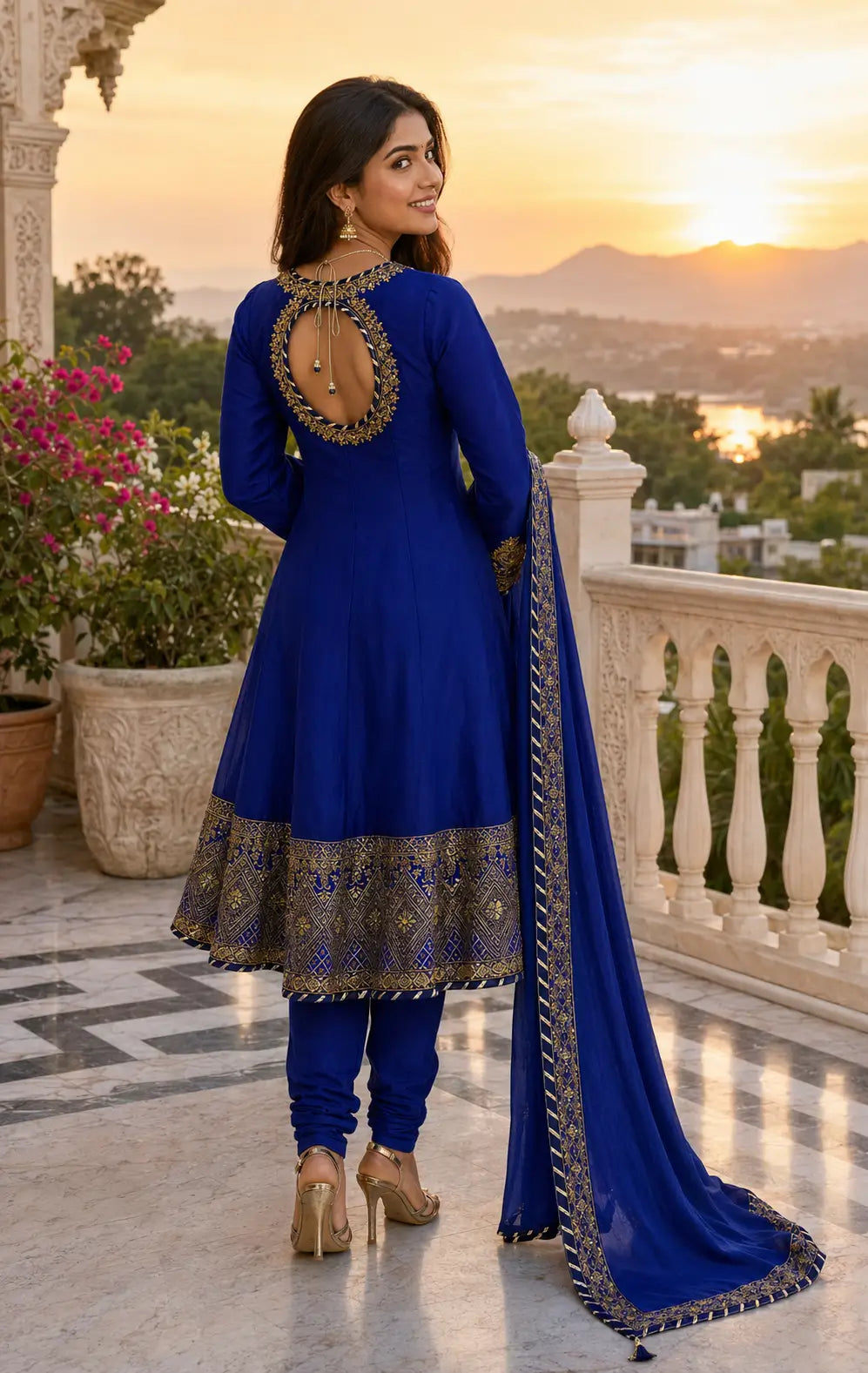Royal blue chinon anarkali set back view open back design Chicorawear