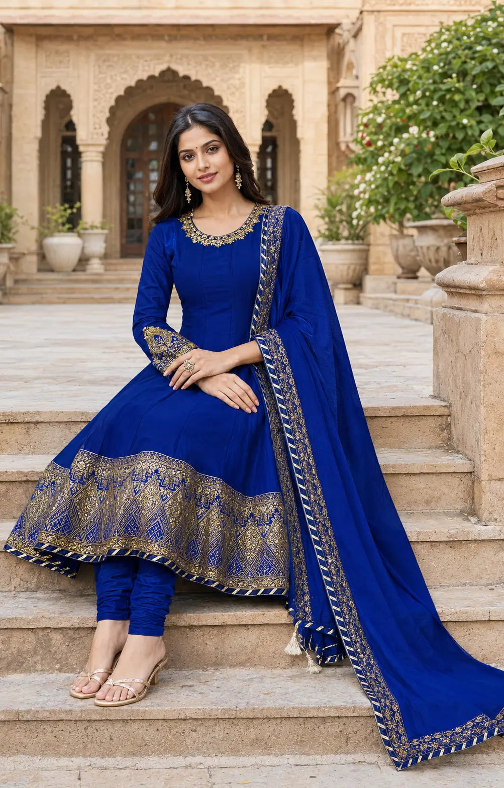Royal blue anarkali set border detail geometric thread sequin hem Chicorawear