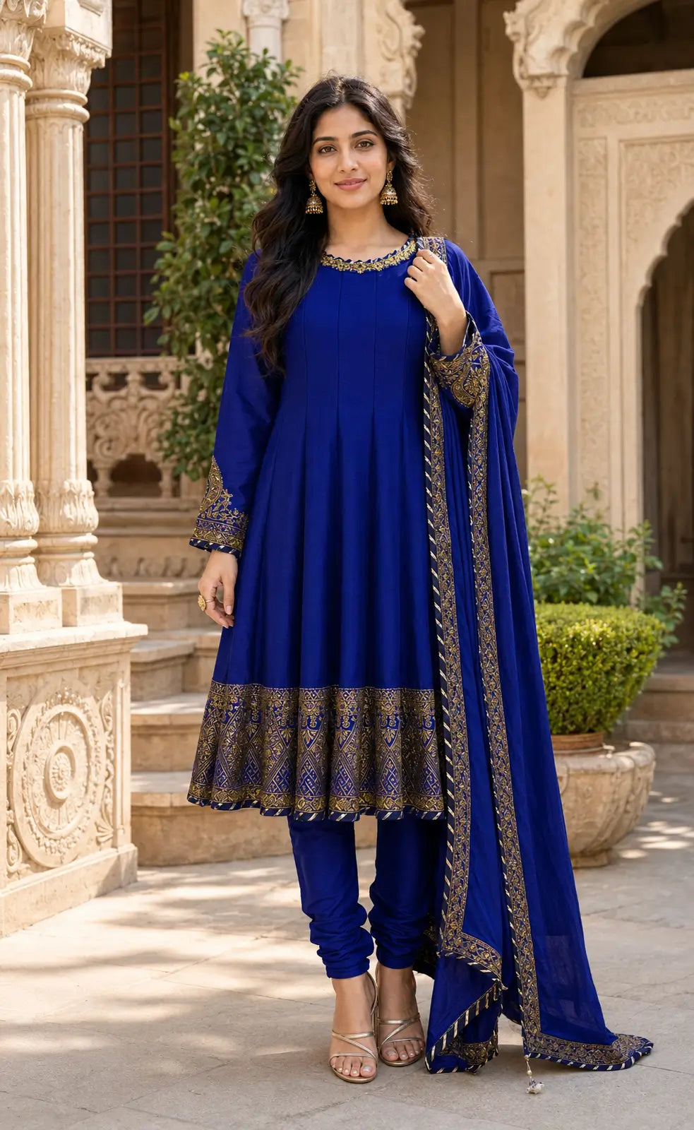 Royal blue chinon anarkali set front view thread sequin gotta lace Chicorawear