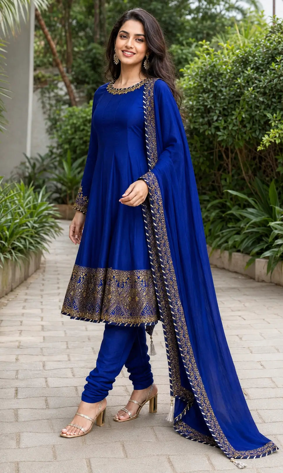 Blue chinon anarkali set garden view with dupatta festive wear Chicorawear