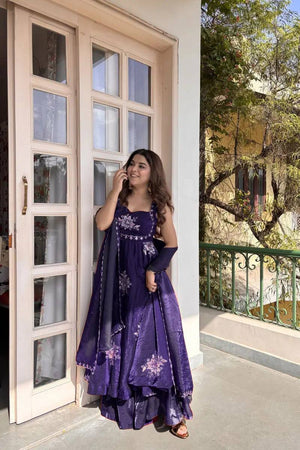 Royal Purple Embroidered Fendy Silk Anarkali Palazzo Set with Dupatta