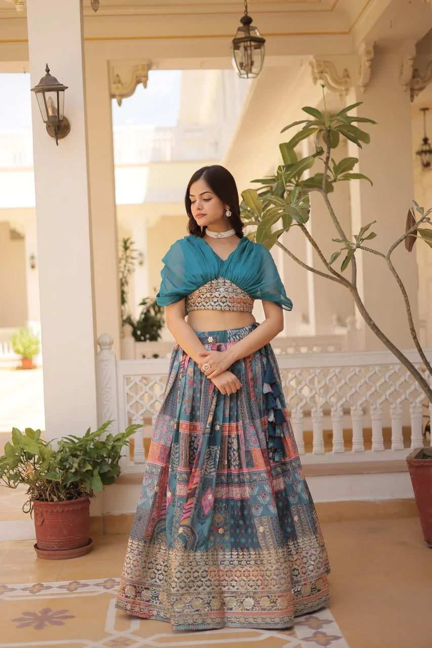 Teal Russian silk digital print lehenga choli full length standing view