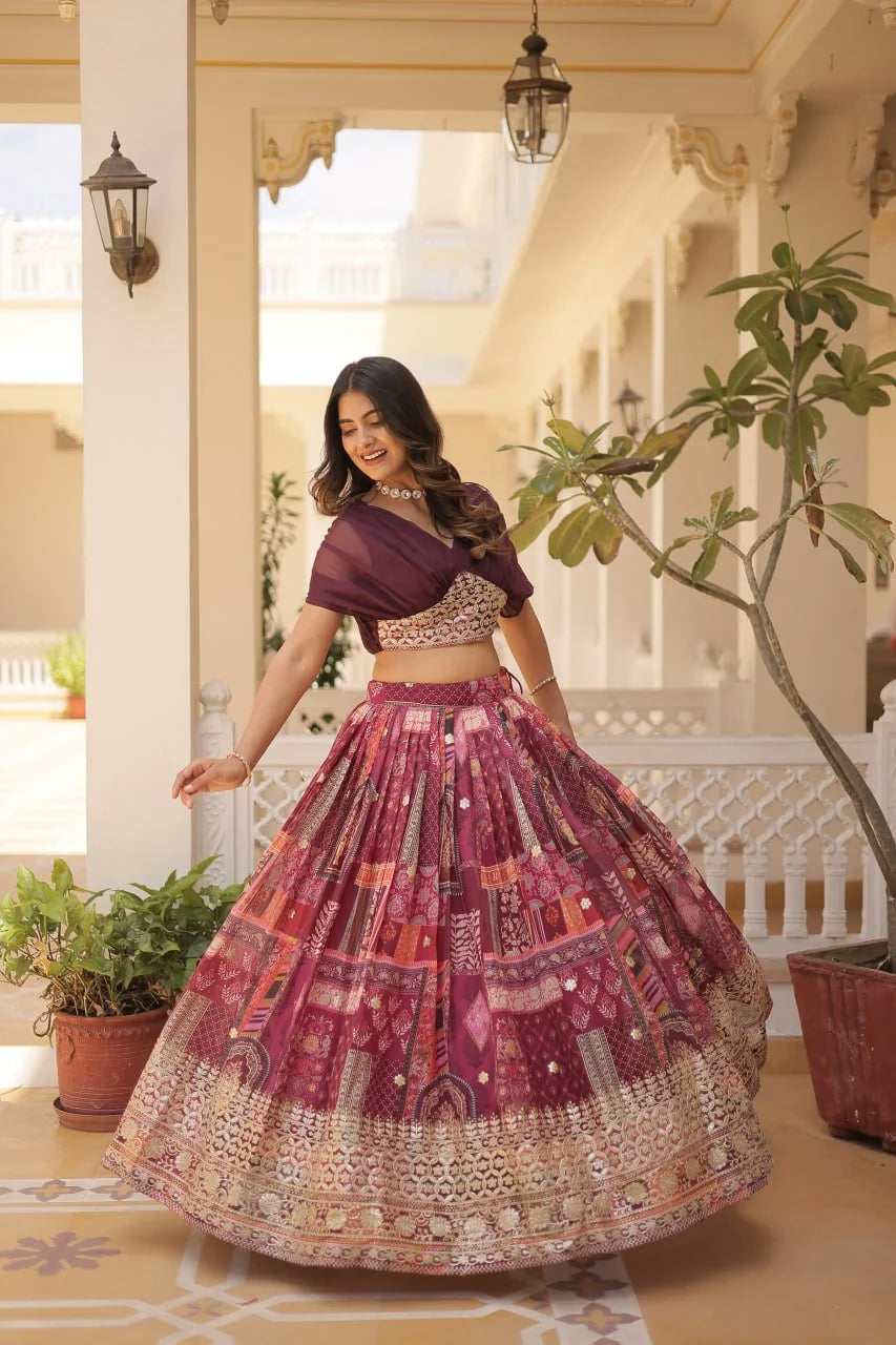 Russian silk digital print lehenga teal full standing flair view festive