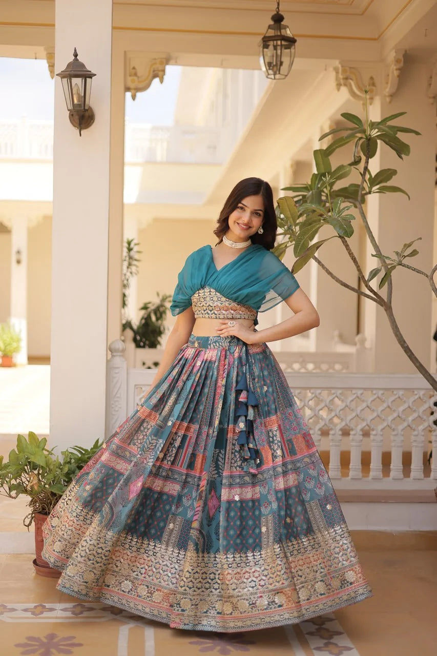 Wine Russian silk digital print lehenga 3.5M can-can flair twirl wedding
