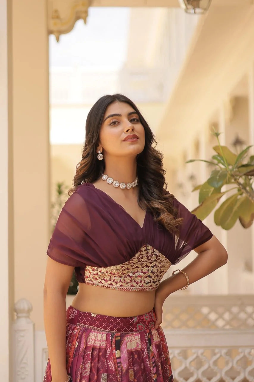 Wine Russian silk digital print lehenga choli full length front view