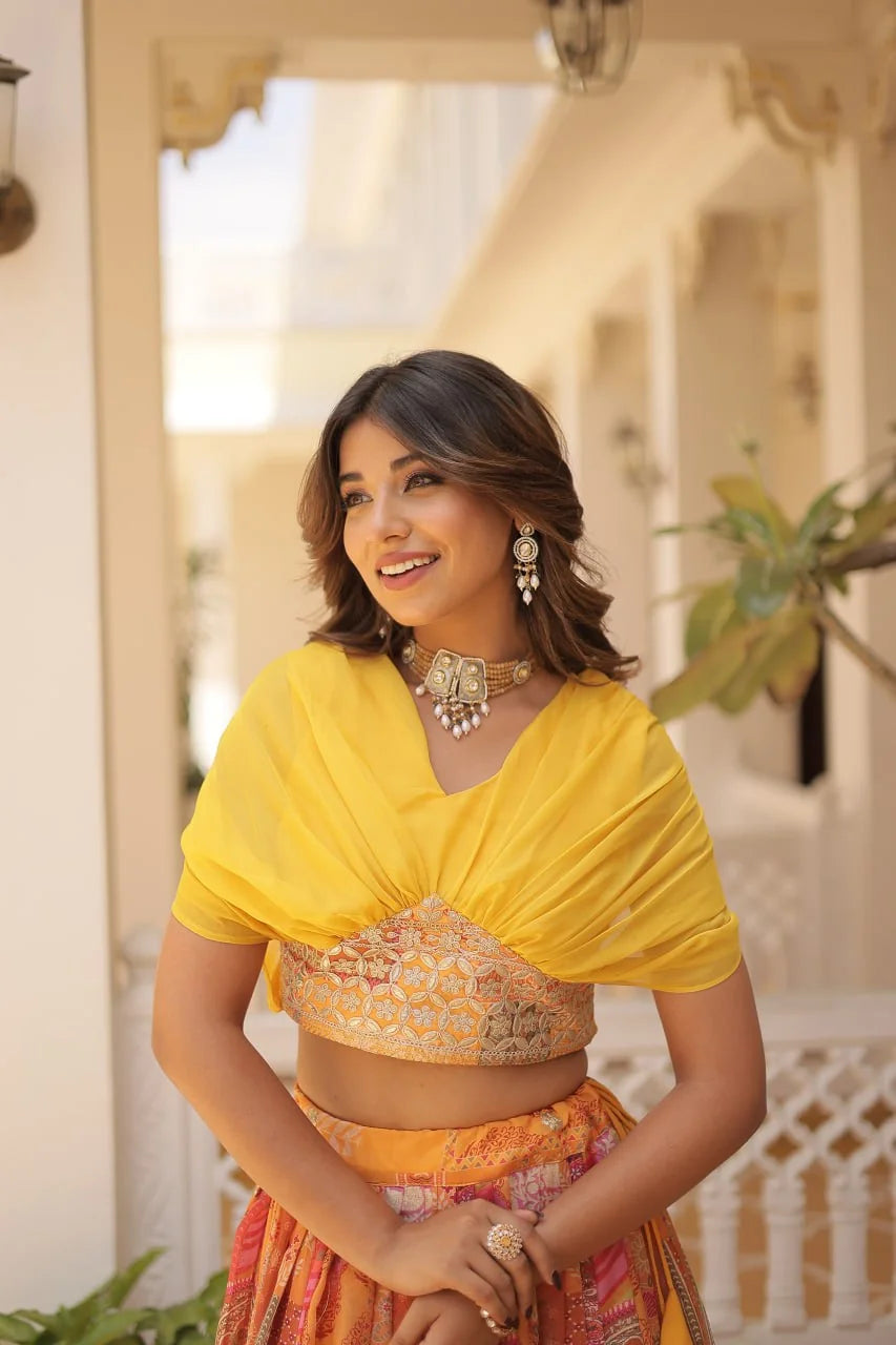 Russian silk digital print lehenga choli yellow blouse foil embroidery front Chicorawear