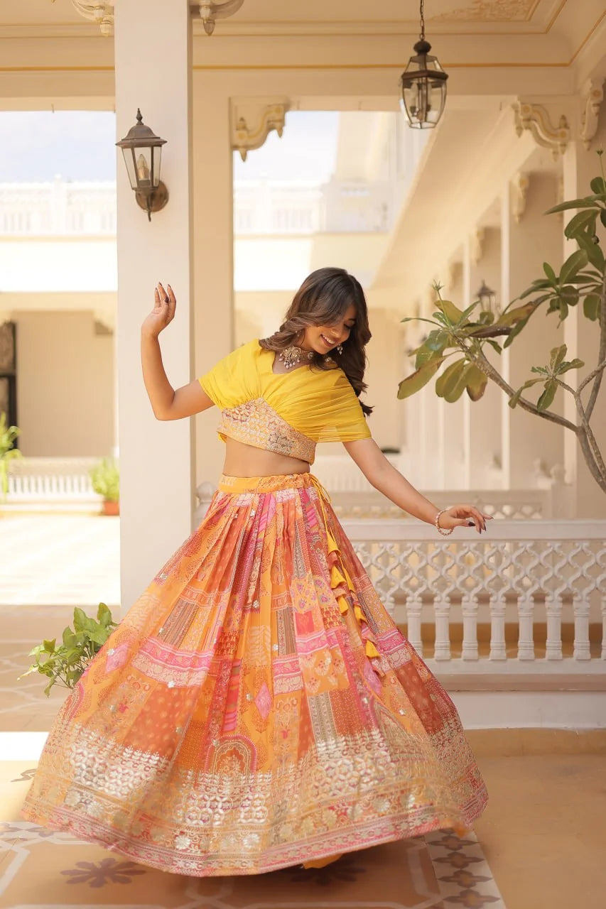 Russian silk digital print lehenga yellow 3.5-metre can-can flair twirl