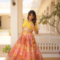 Russian silk digital print lehenga choli yellow full length front view standing