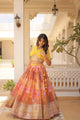 Russian silk digital print lehenga choli yellow full length front view standing