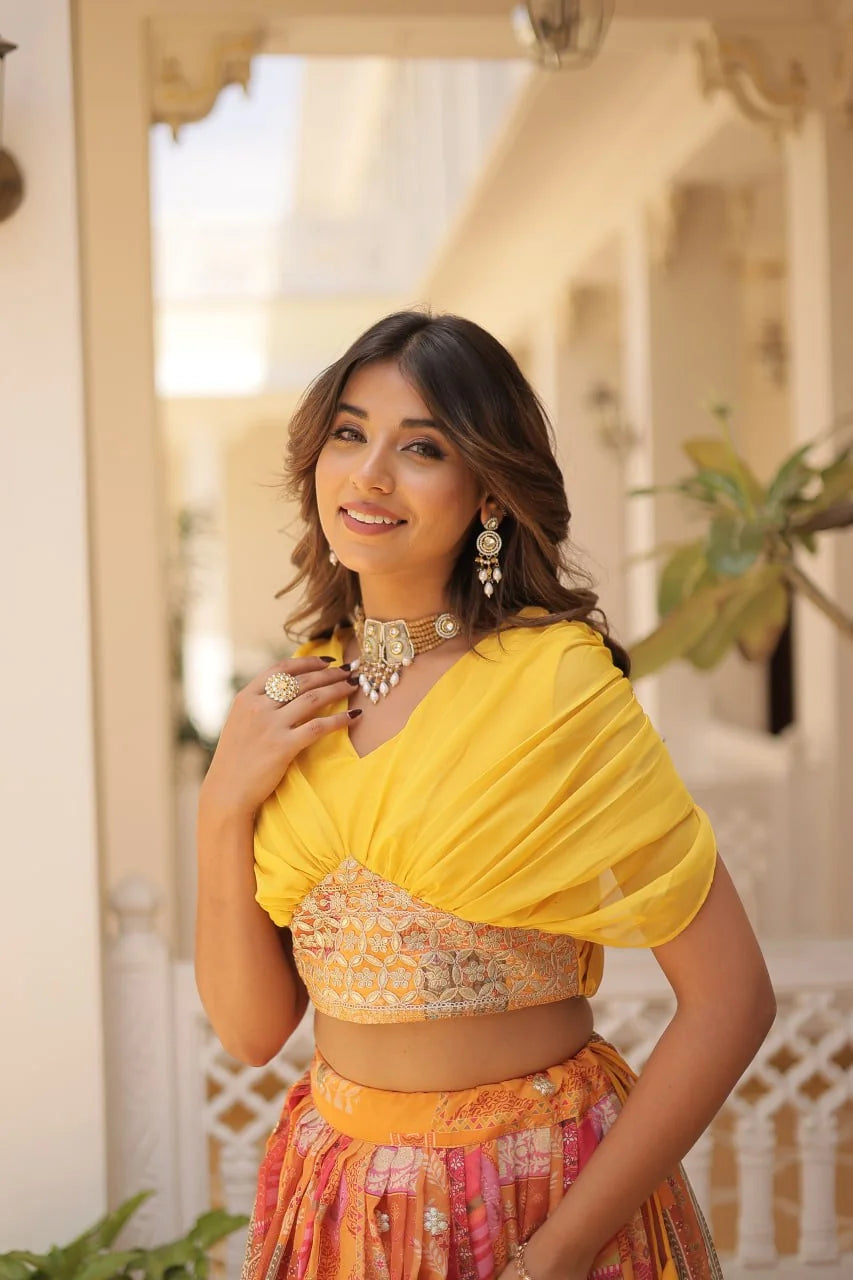 Yellow Russian silk digital print lehenga choli pleated V-neck blouse closeup