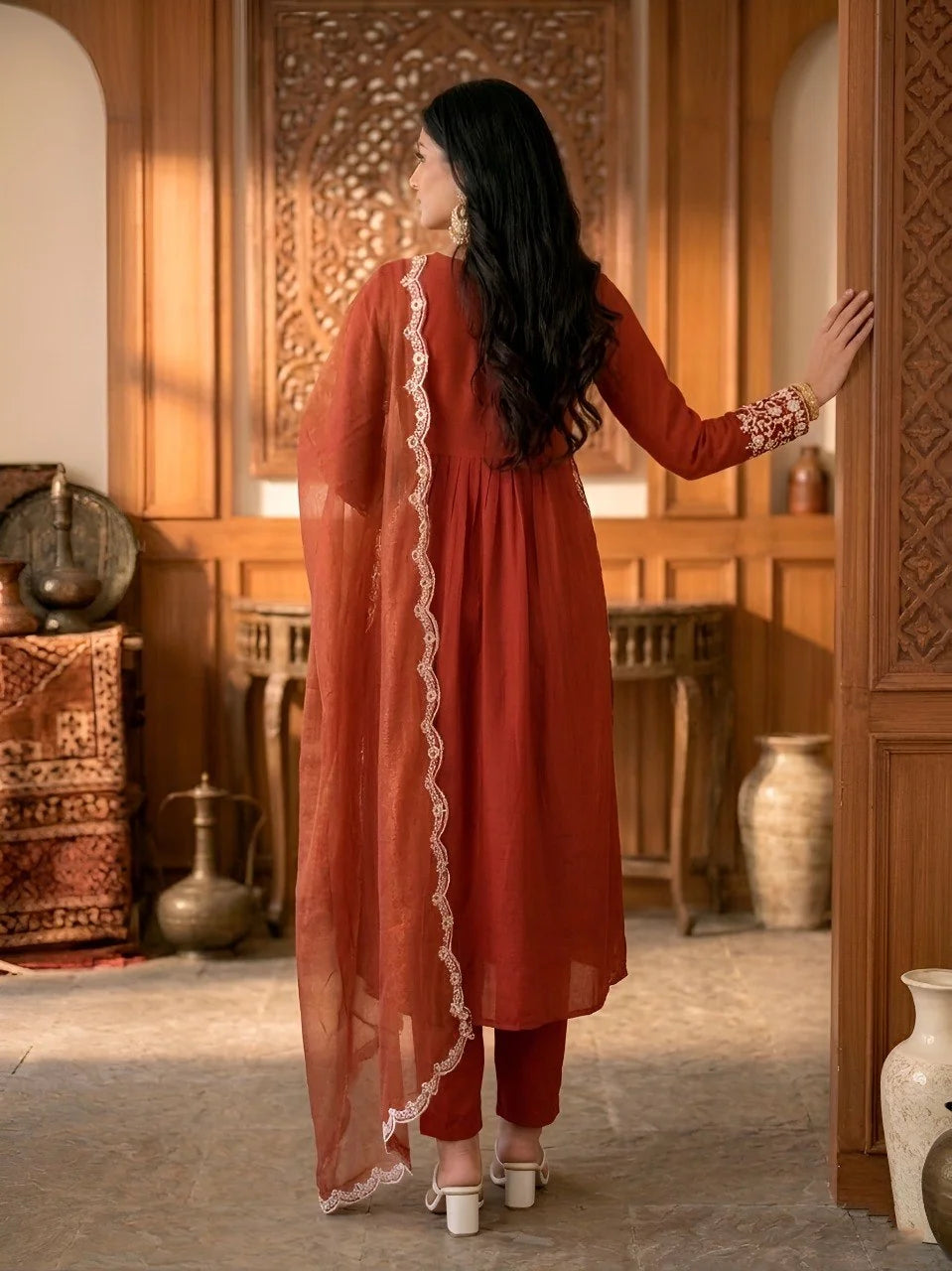 rust cotton anarkali kurta set back view with gold coin dupatta scalloped border