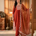 rust cotton anarkali kurta set full front view with gold coin dupatta and white lace border