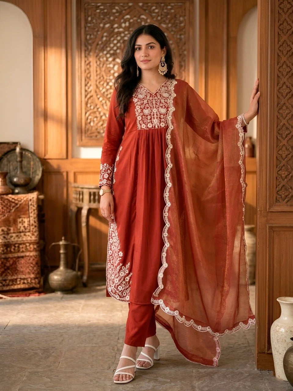 rust cotton anarkali kurta set full front view with gold coin dupatta and white lace border