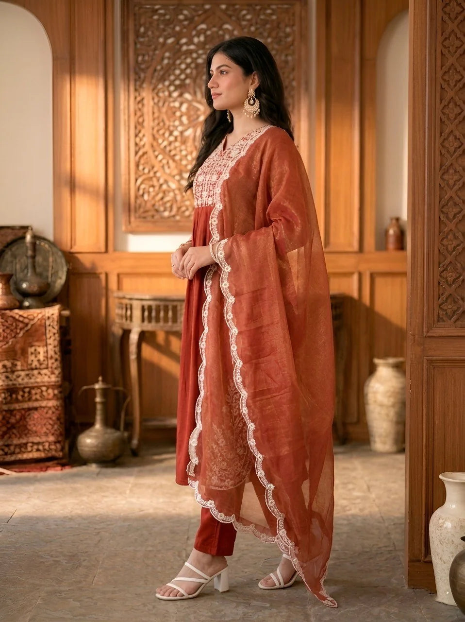 rust cotton anarkali kurta set with white thread embroidery side view with dupatta