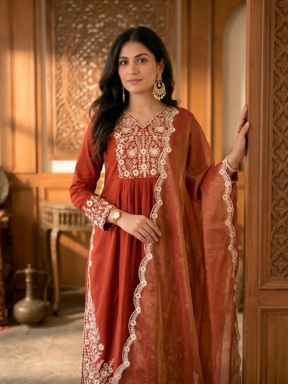 rust anarkali kurta yoke embroidery detail white thread and sequin work close up