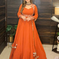 Rust flared anarkali with embroidered yoke and sweetheart neckline – front view