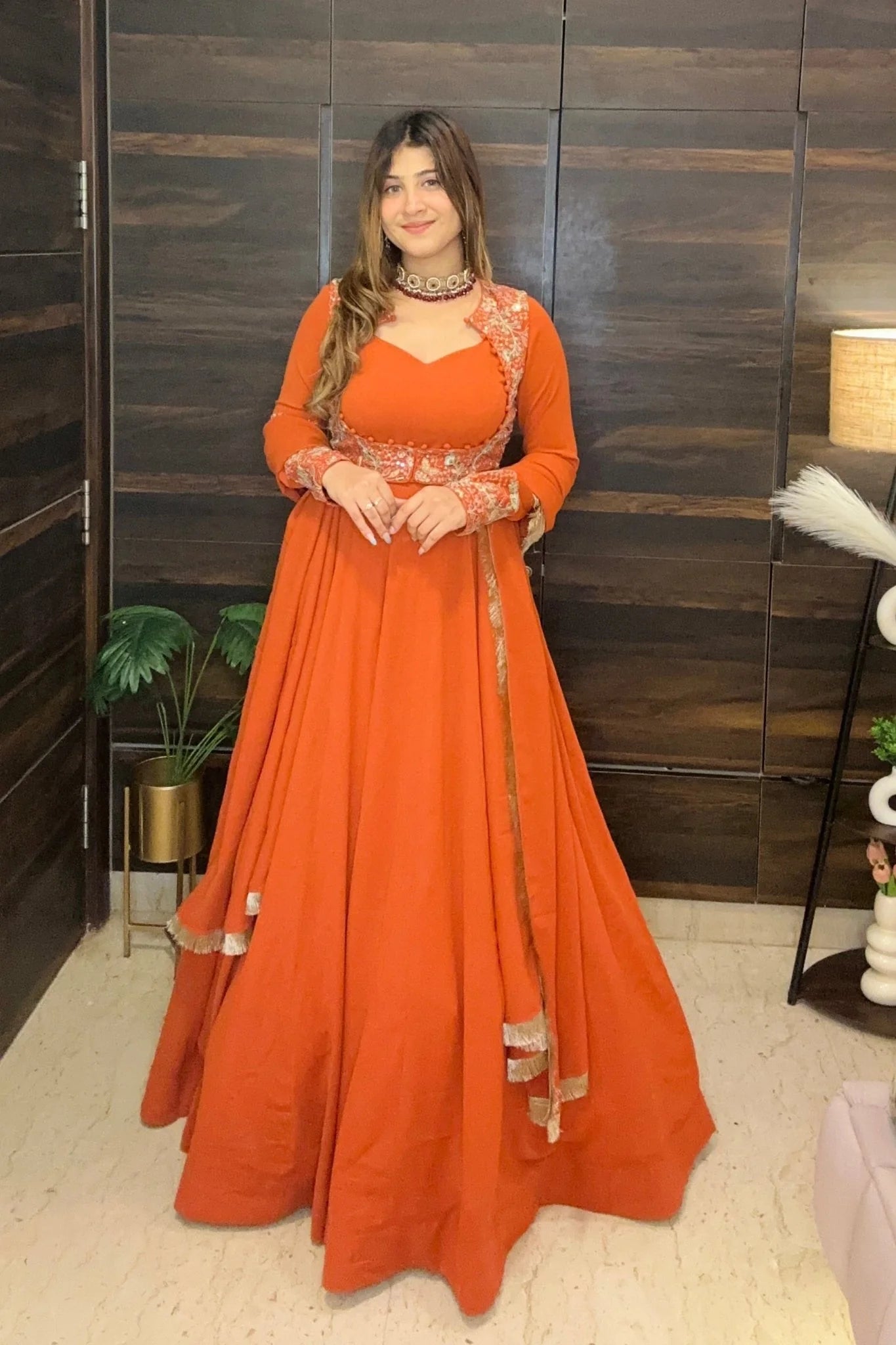 Rust flared anarkali with embroidered yoke and sweetheart neckline – front view