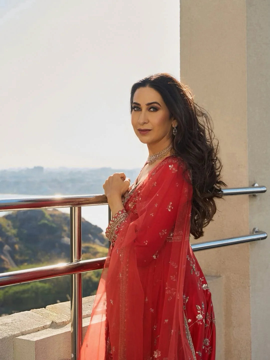 Rust mulberry silk embroidered Anarkali suit set with churidar and dupatta front view