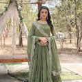 Sage green faux georgette anarkali gown with embroidered scallop dupatta – full front view