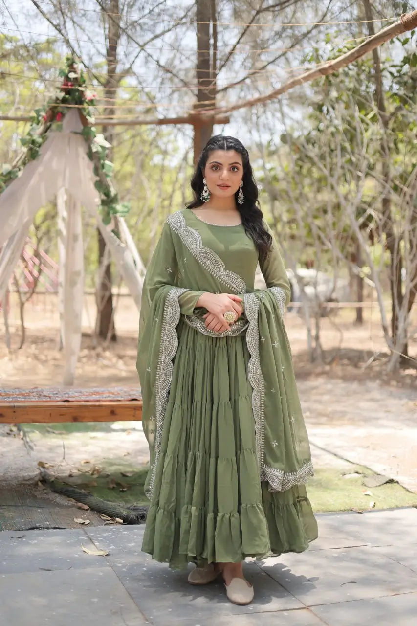 Sage green faux georgette anarkali gown with embroidered scallop dupatta – full front view
