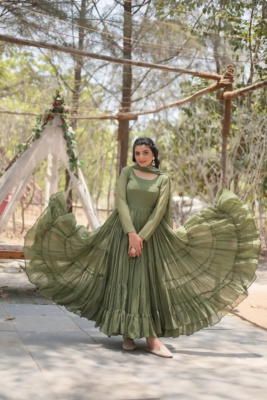 Sage green faux georgette anarkali gown spinning flare – full skirt volume shown